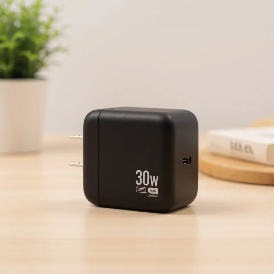 The same charger on a light wooden desk with a plant