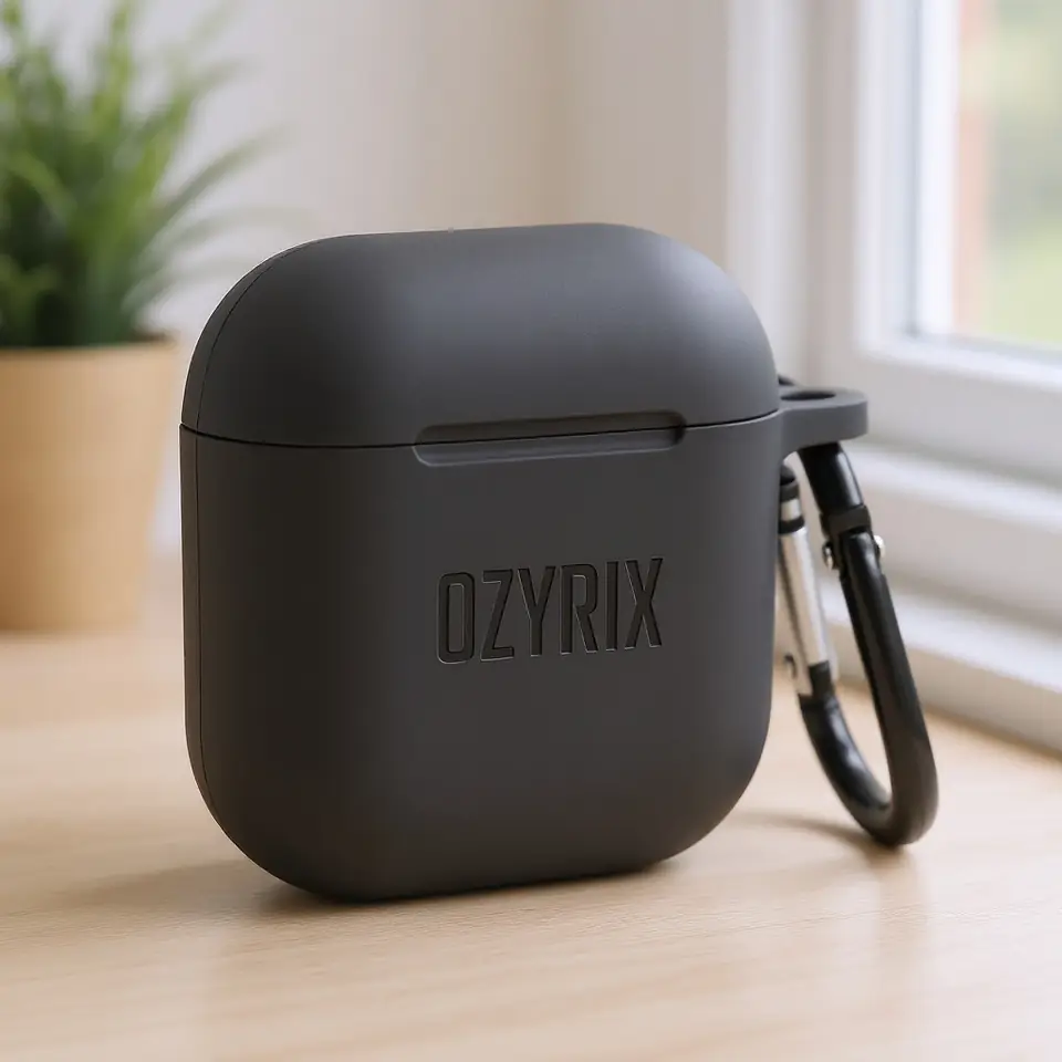The same earbud case on a wooden desk by a window
