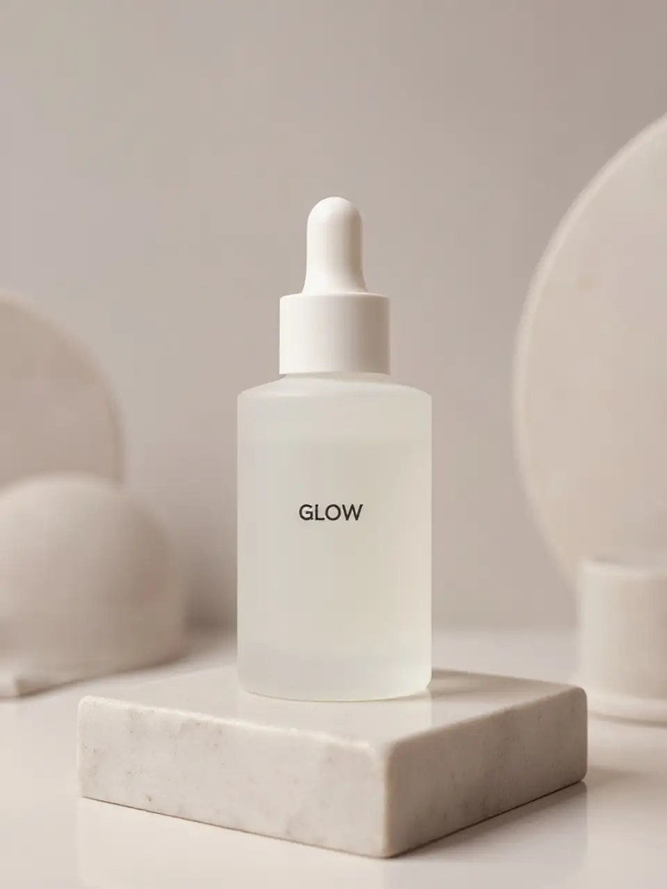 The same GLOW serum bottle on a marble plinth with a pastel backdrop