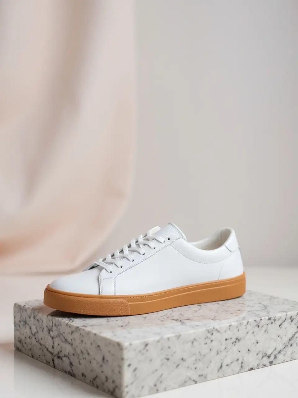 The same sneaker on a stone plinth in soft studio light