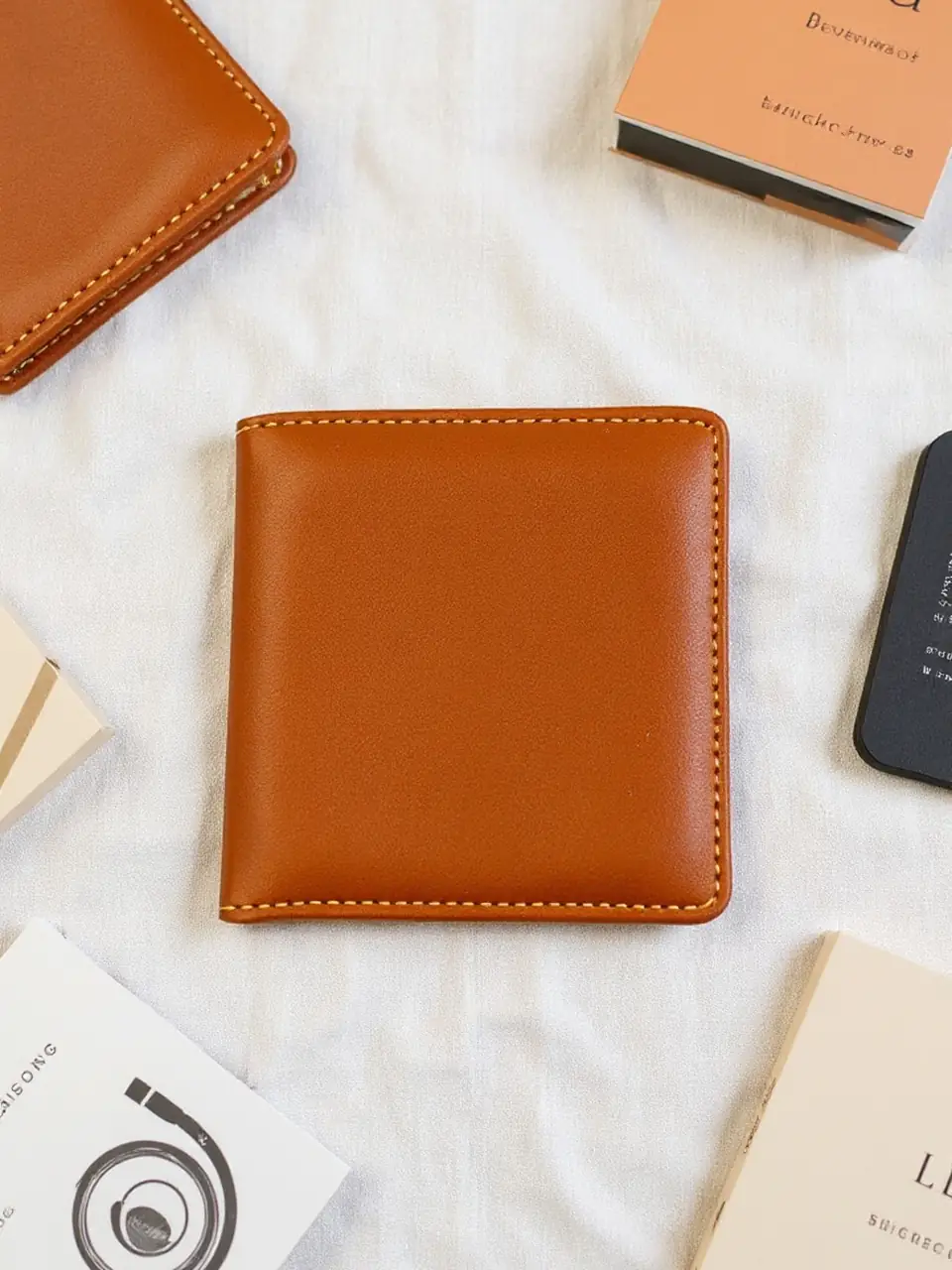 The same wallet in a top-down flat lay on linen with notebooks
