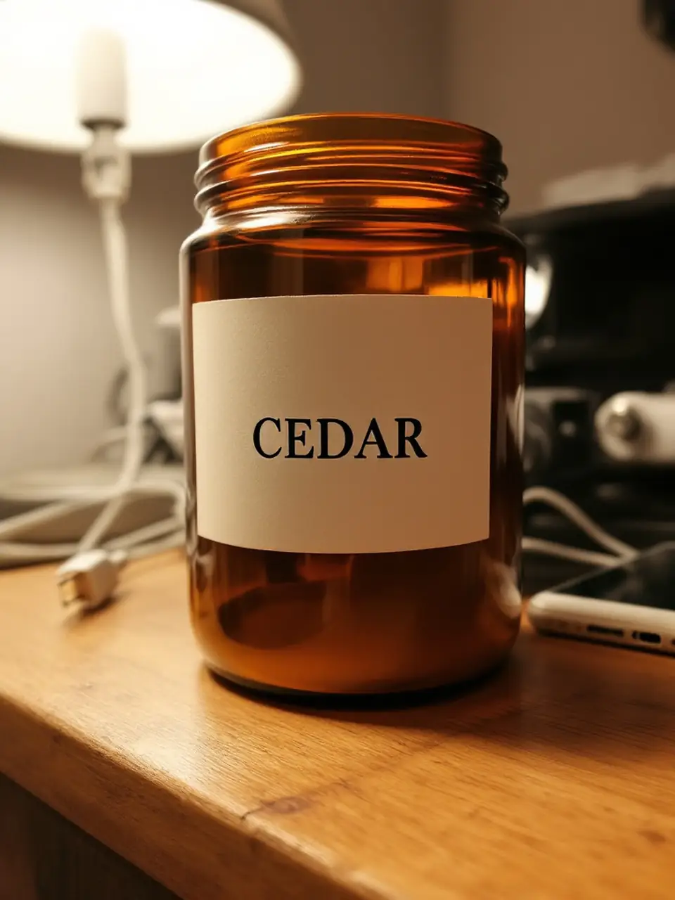 Phone photo of an amber candle jar labelled CEDAR on a cluttered bedside table