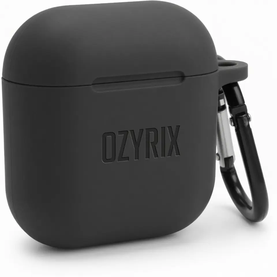 Catalogue photo of a black silicone earbud case with a carabiner