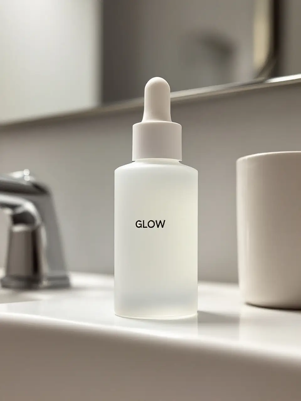 Phone photo of a serum bottle labelled GLOW on a bathroom sink