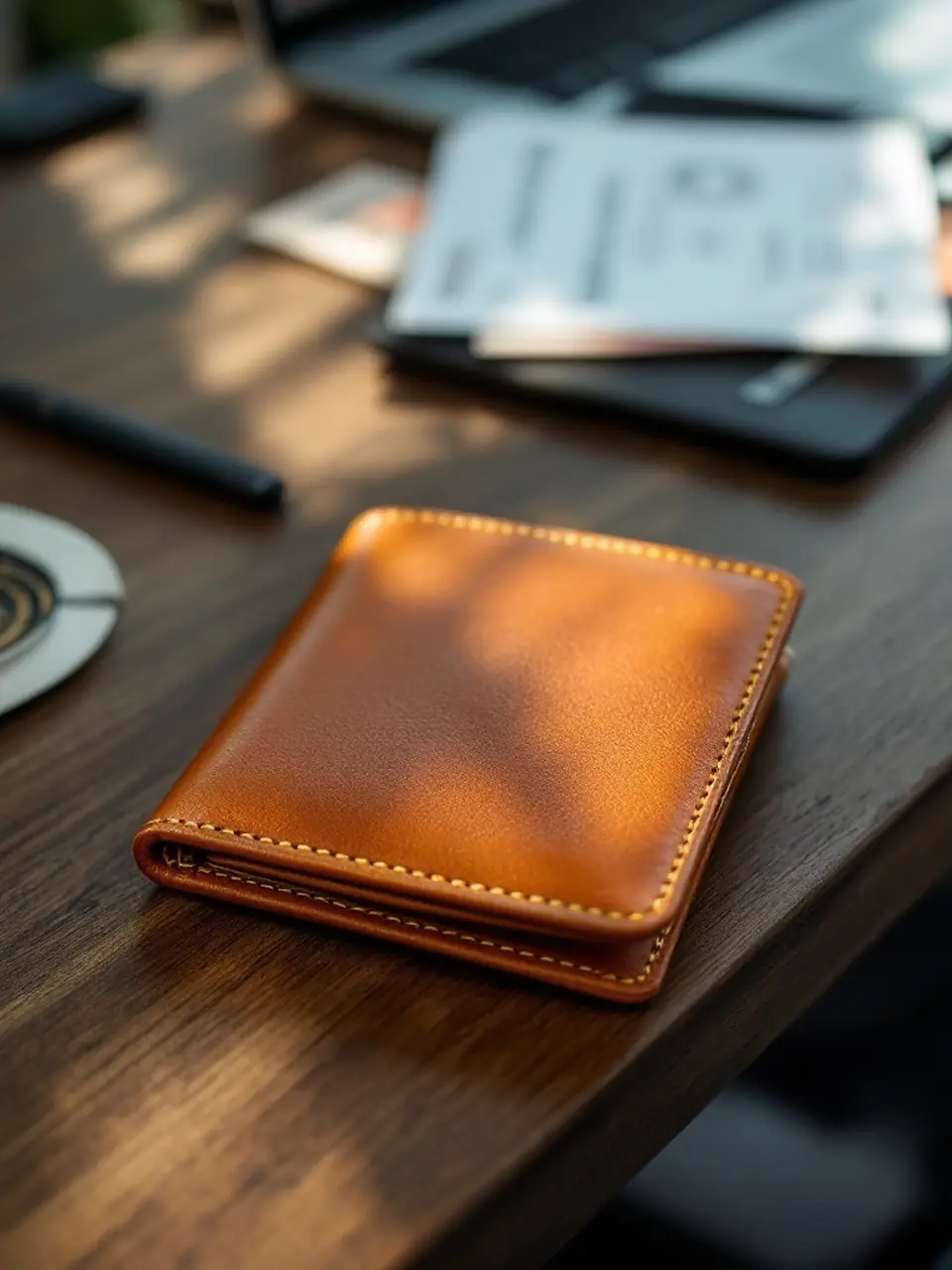 Phone photo of a tan leather wallet on an office desk